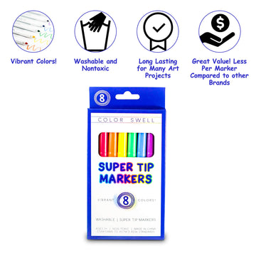 Color Swell Super Tip Markers 6 Boxes Of 8 Washable Vibrant Colors (48 Total) Perfect Bulk Marker Pack For Kids, Parties, Classr
