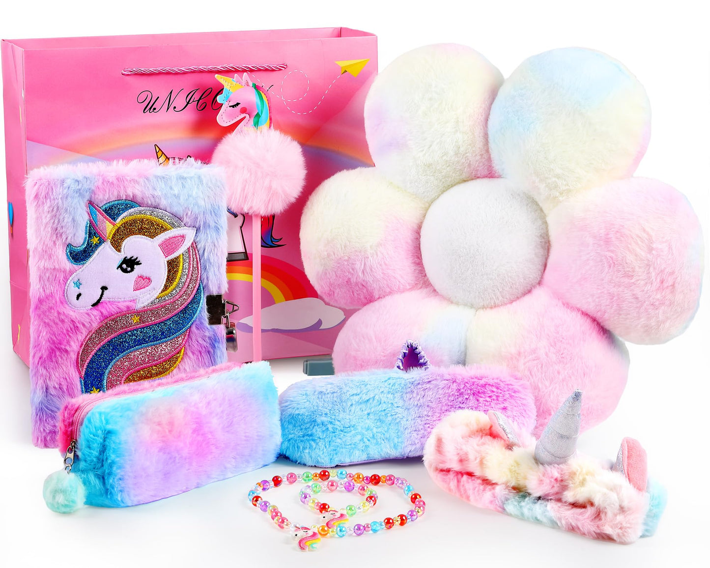 Coume Unicorn Gifts For Girls Age 6-8 Flower Rainbow Pillow Unicorn Diary Necklace Bracelet Headband Eye Mask Pen Bags For Girls