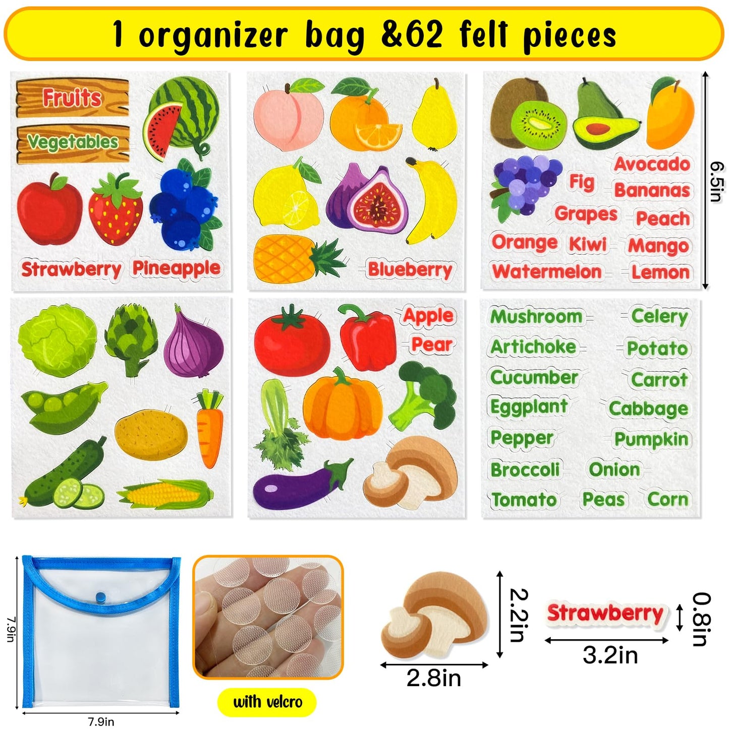 PENGFULL Felt Fruits and Vegetables Learning Pieces,62 Felt Board Pieces for Felt Flannel Board,Learn Common Fruits and Vegetabl