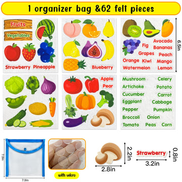 PENGFULL Felt Fruits and Vegetables Learning Pieces,62 Felt Board Pieces for Felt Flannel Board,Learn Common Fruits and Vegetabl
