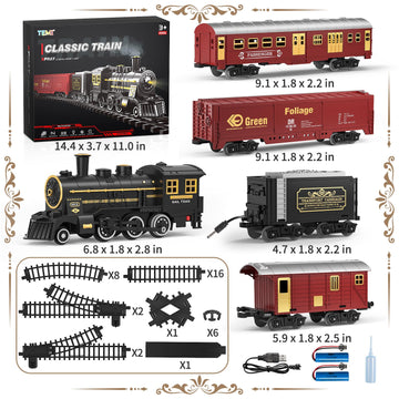 Temi Train Set For Kids 3-12 Years, Electric Classical Steam Engine Locomotive With Steam, Light And Sounds, Rechargeable Model