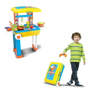 Toy Chef 2-in-1 Travel Suitcase Kitchen Set for Children | Includes Toy Pots, Pans, Dishes, Utensils & Foods ABS Plastic Pretend