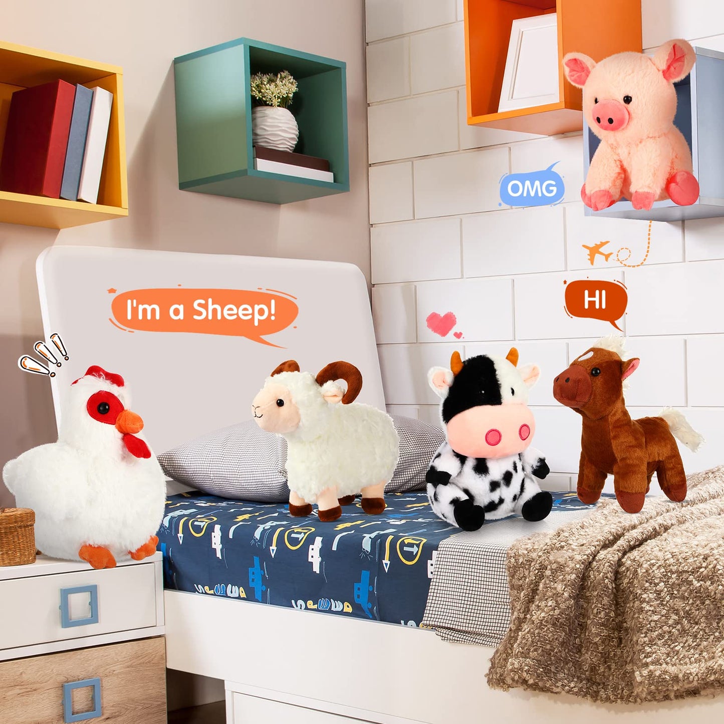 Skylety 5 Pack Farm Plush Animals Set 10 Inches Plush Farm Stuffed Animals Barnyard Stuffed Toys Soft Pig Rooster Horse Sheep Cow Plush Toy For Birthday Party Favor(Mixed Style)