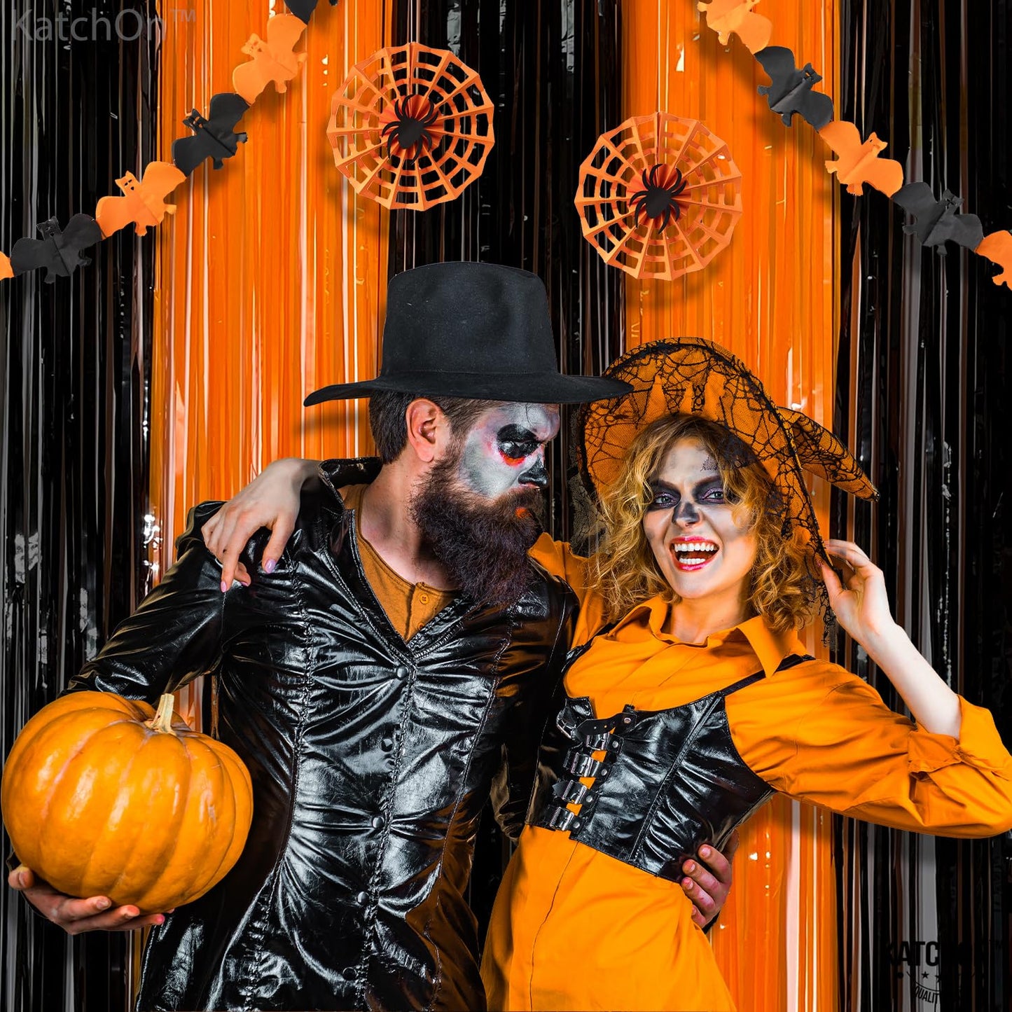 KatchOn, Black and Orange Foil Fringe Curtain - XtraLarge 3.2x8 Feet, Pack of 2 | Orange and Black Streamers, Halloween Decorati