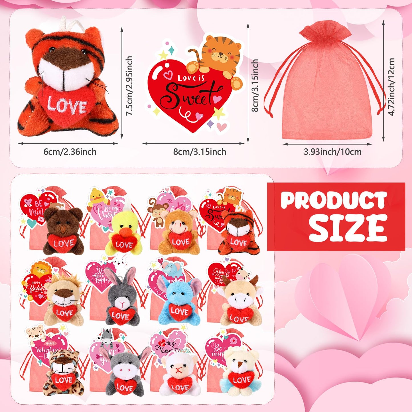 Blueweenly 72 Pcs Valentines Day Gifts For Kids,24 Set Valentines Mini Stuffed Animals Set For Kid Classroom,Valentines Plush An
