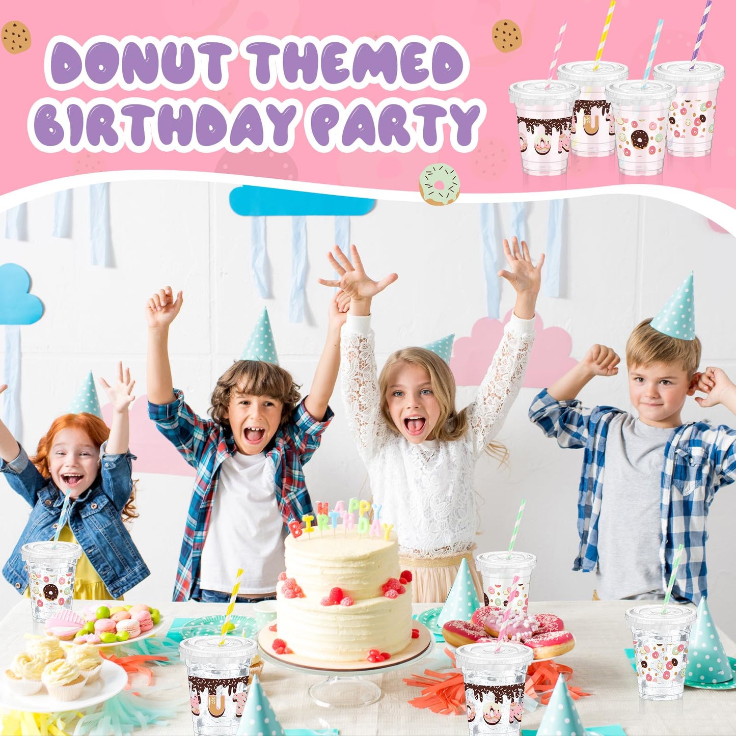 Foldtier 50 Pcs Donut Birthday Party Plastic Cup 12 Oz Cold Drinks Cups Doughnut Thick Clear Cup Disposable Cups With Lids For I