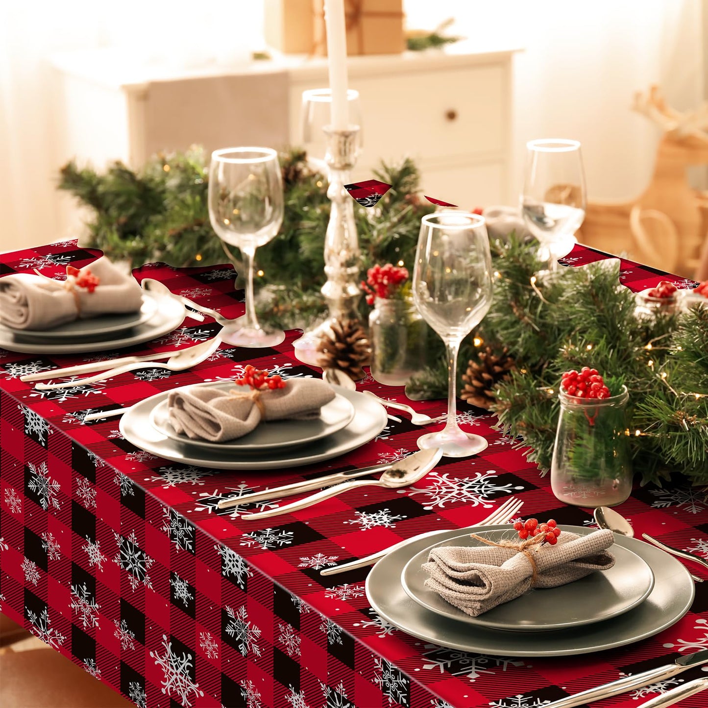 8 Pieces Red and Black Buffalo Plaid Merry Christmas Party Tablecloth Decorations,Plastic White Snowflake Buffalo Plaid Sign Tab