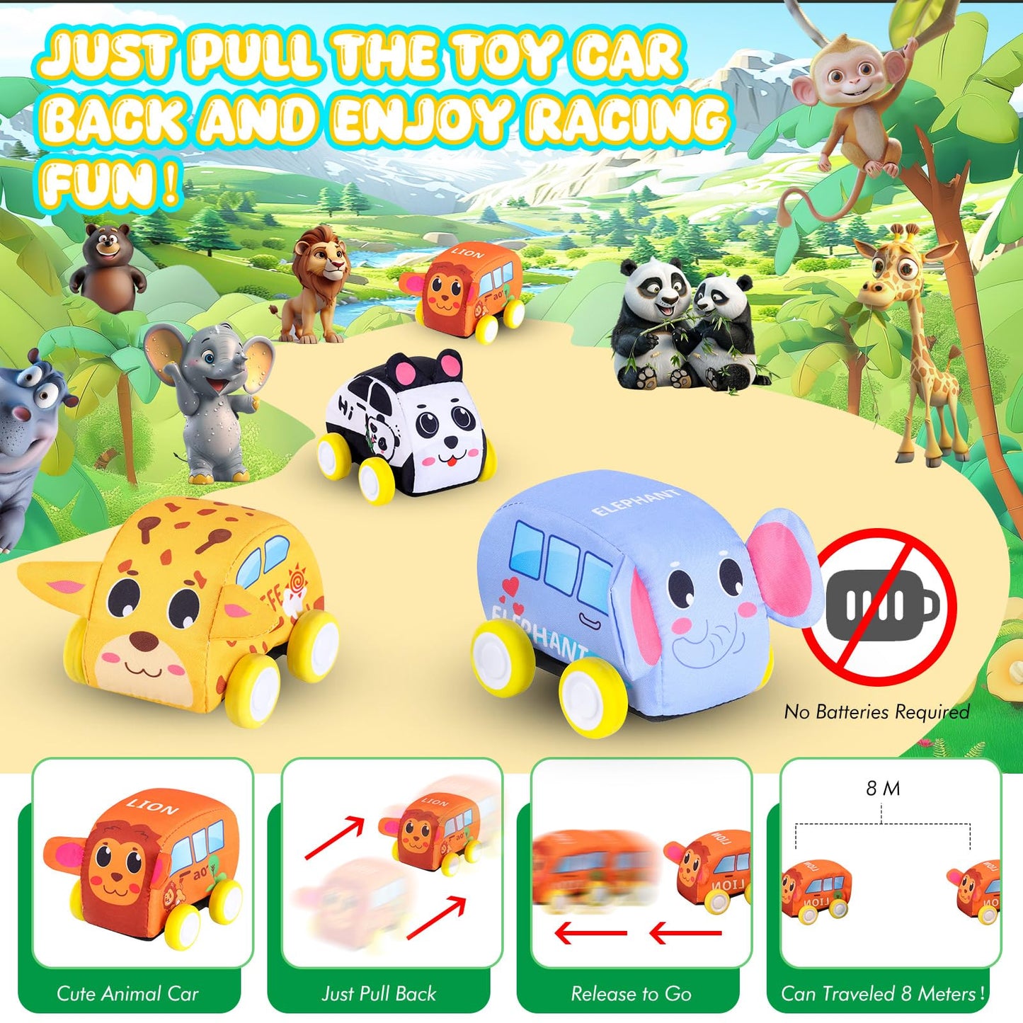 New Pull Back Vehicle & Music Mat Set, Soft Baby Toy Set With 4 Cute Animal Cars And Touch Play Blanket, New Interactive Mode, F