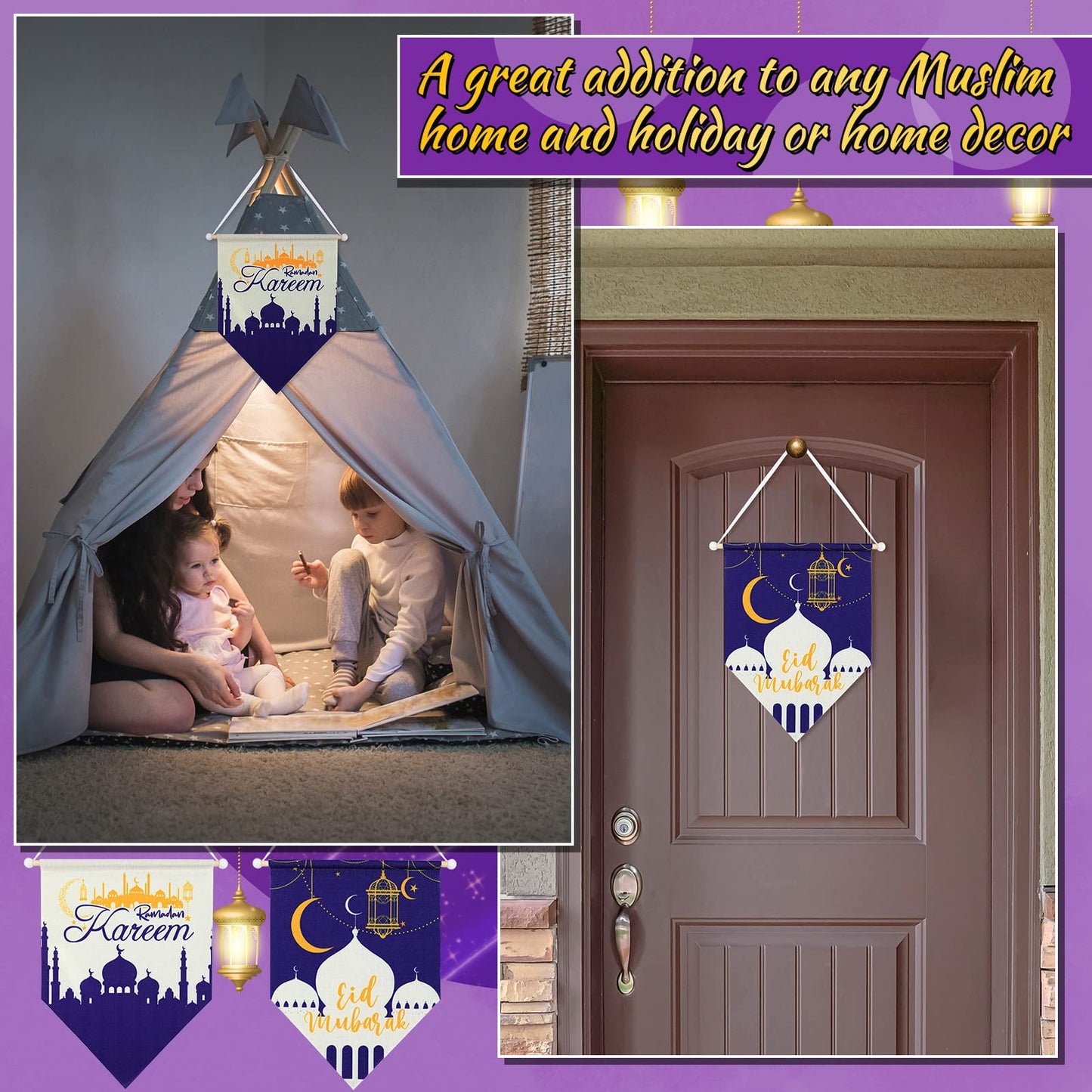 2 Pieces Ramadan Kareem Hanging Canvas Sign Eid Mubarak Hanging Canvas Sign Ramadan hanging sign Eid Mubarak sign for Ramadan Ka