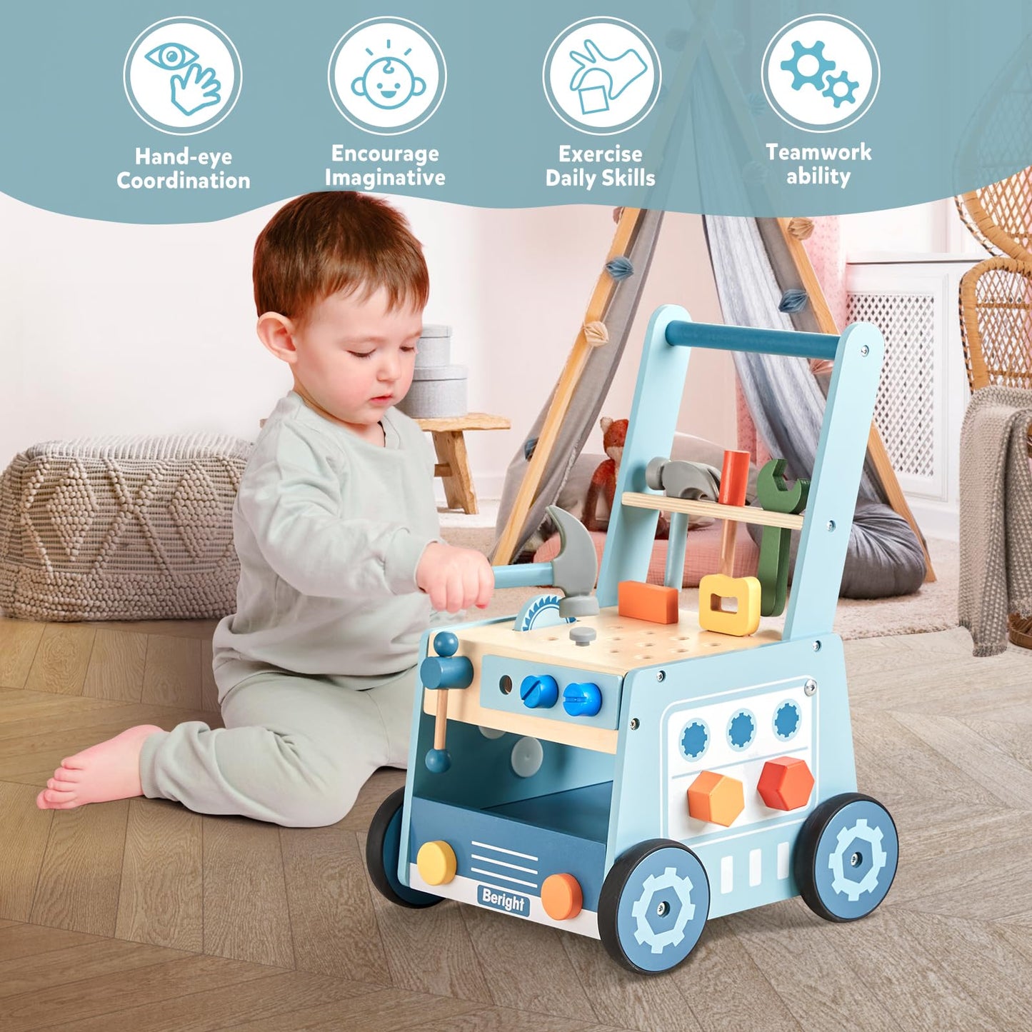 Beright Wooden Baby Push Walker, Wooden Baby Walker And Tool Toy For Toddlers, Kids Tool Bench, Baby Activity Center, Toddler Montessori Educational Toys, Blue