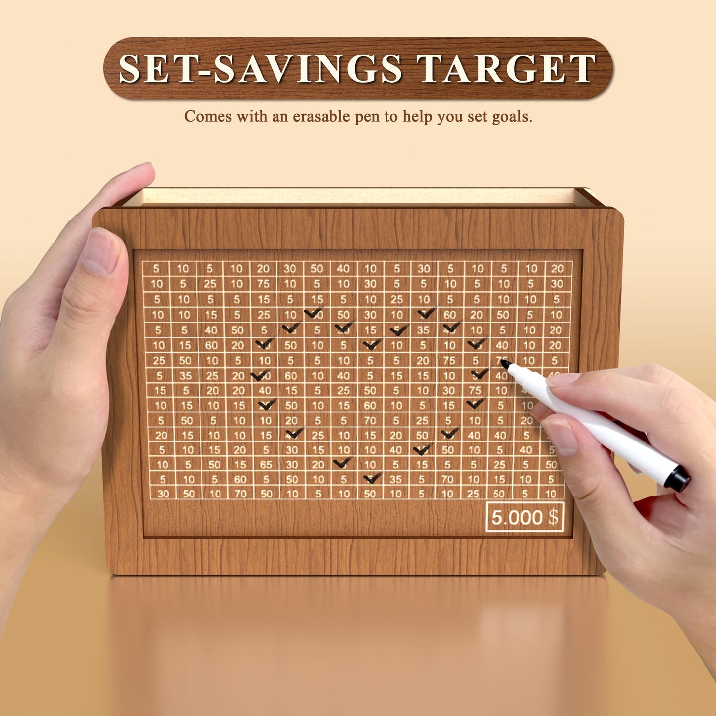 5000 Savings Challenge Box Cash Vault Wooden Coin Bank Money Saving Box With Target And Numbers - Piggy Bank For Kids Adults 5K