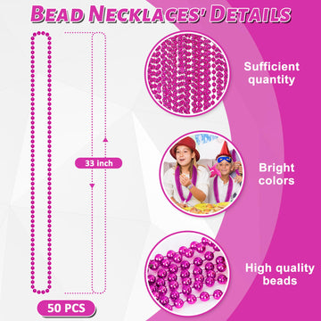 50Pcs Bead Necklace, Metallic Mardi Gras Pink Bead Necklace, 33'' Mardi Gras Round Beaded Necklace, Festival Parade Throw For Br