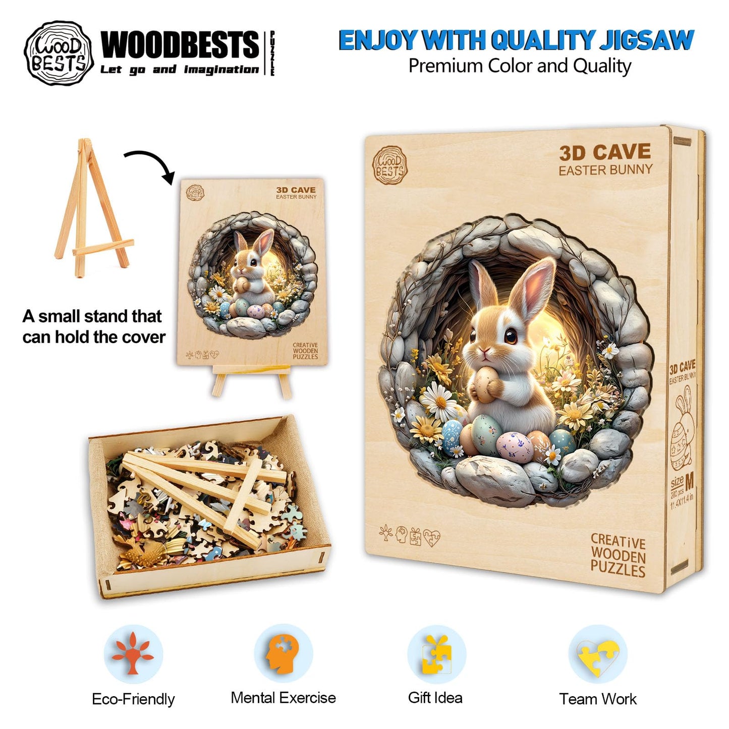 Woodbests Wooden Puzzles For Adults (200 Piece, M, 11.4X11.4 Inches) Easter Bunny Puzzle Beautiful Wooden Box, Wooden Jigsaw Puz