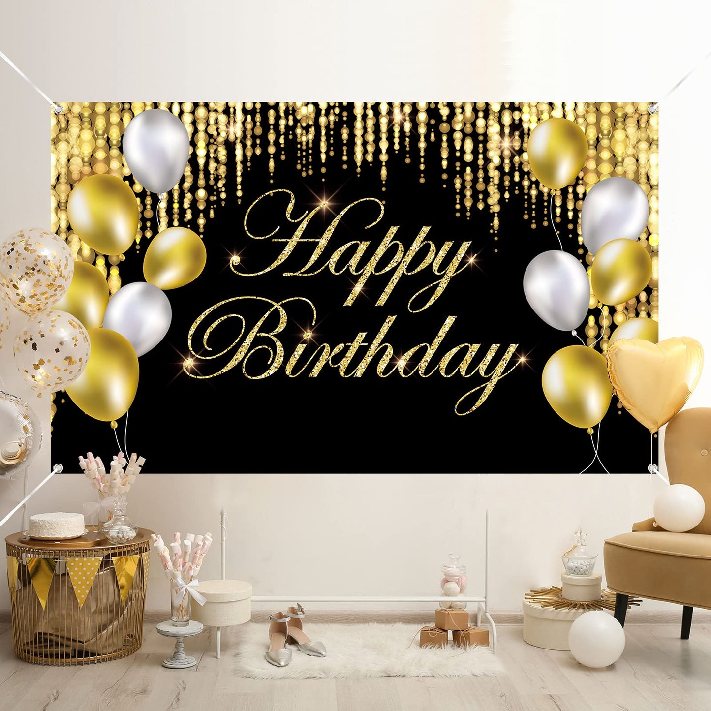 Black Gold Happy Birthday Banner Backdrop Large Happy Birthday Yard Sign Backgroud It'S My Birthday Backdrop Baby Shower Party Indoor Outdoor Car Decoration Supplies For Men Women Boys Girls