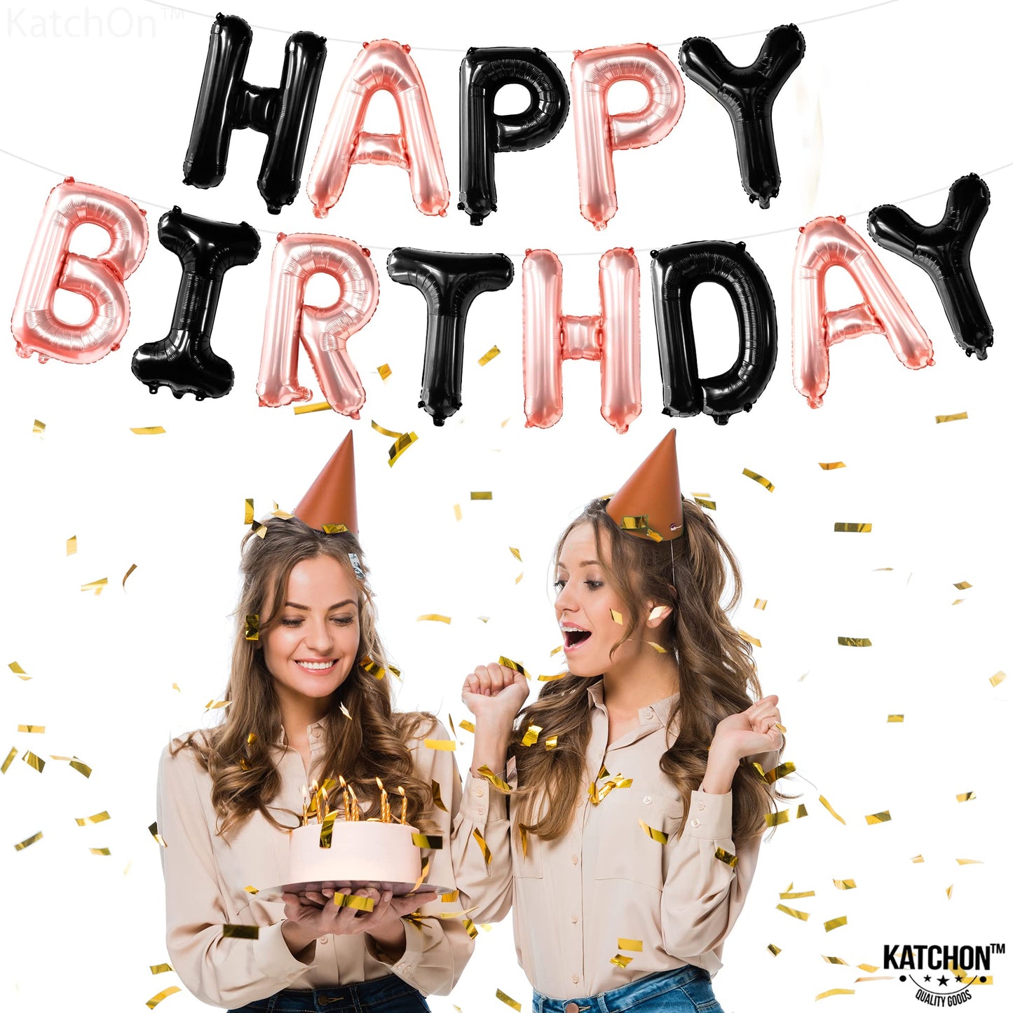 Katchon, Happy Birthday Balloons - 16 Inch | Rose Gold And Black Birthday Banner | Black And Rose Gold Balloons, Happy Birthday Decorations | Happy Birthday Sign, Black And Rose Gold Party Decorations