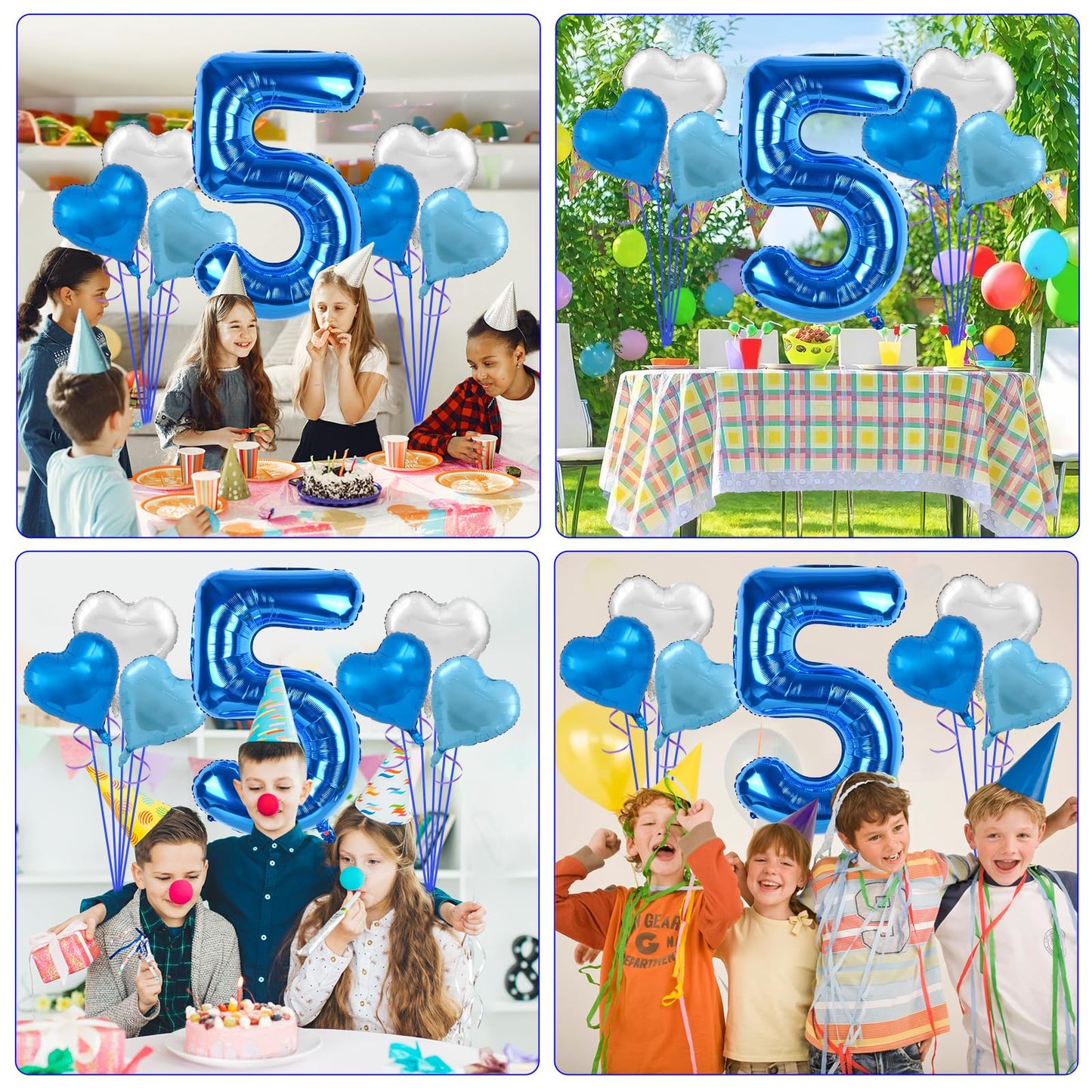 Biapian 40 Inch Blue Number 5 Balloons, Large Number 5 Balloon With 18'' Dark Blue And Silver Foil Heart Shape Balloons Helium F