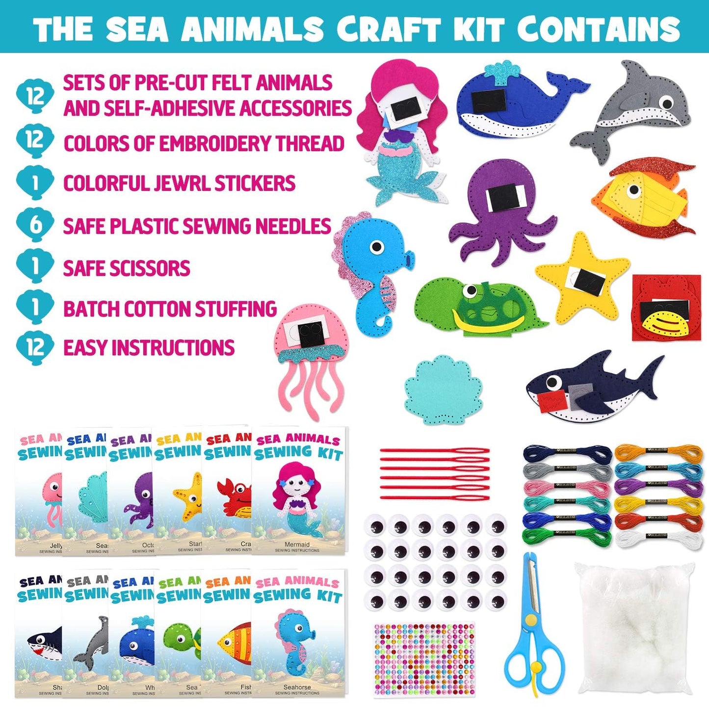 Ciyvolyeen Sea Animals Sewing Kit Mermaid Diy Felt Plush Craft Kit Make Your Own Ocean Animals Gifts For Beginner Boys And Girls Educational Kids Art Craft Supplies Set Of 12