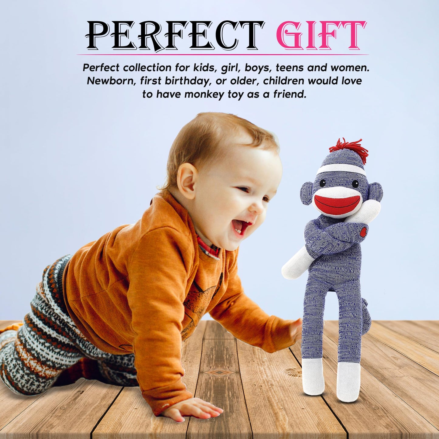 Made By Aliens Hand Knitted Sock Monkey Toy - 20" Blue Plush, Classic Edition, Perfect Gift for Kids and Babies