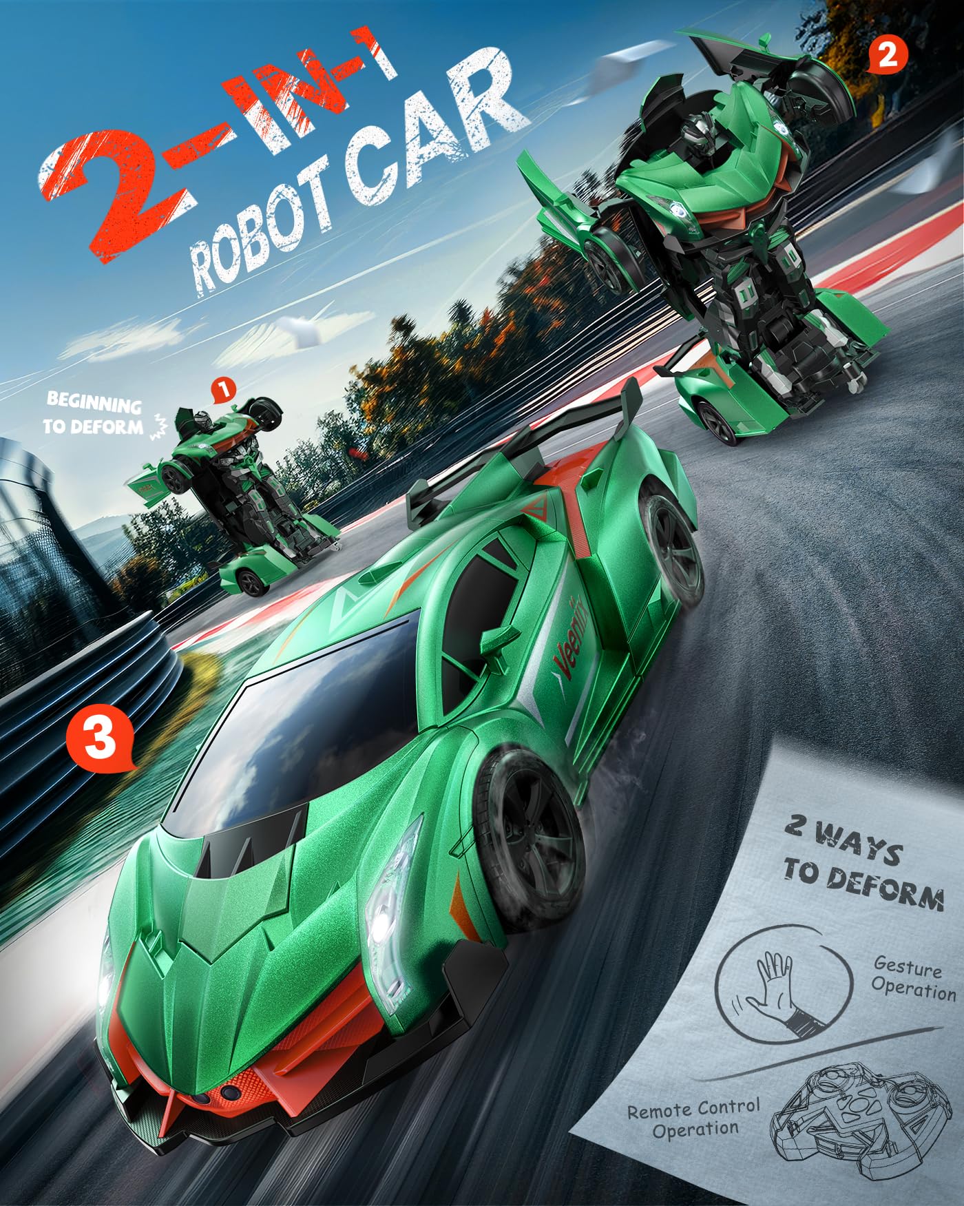 Veeniix V992 Transform Remote Control Car,Transform Robot Rc Cars,1:14 Scale,2-In-1 Robot Toy Car With Sound & Light Effects,Ges