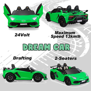 TOBBI 2-Seater Electric Lamborghini Ride-On Car 24V Green with PU Leather Seats, Adjustable Safety Belt, 13km/h Speed, Music Features