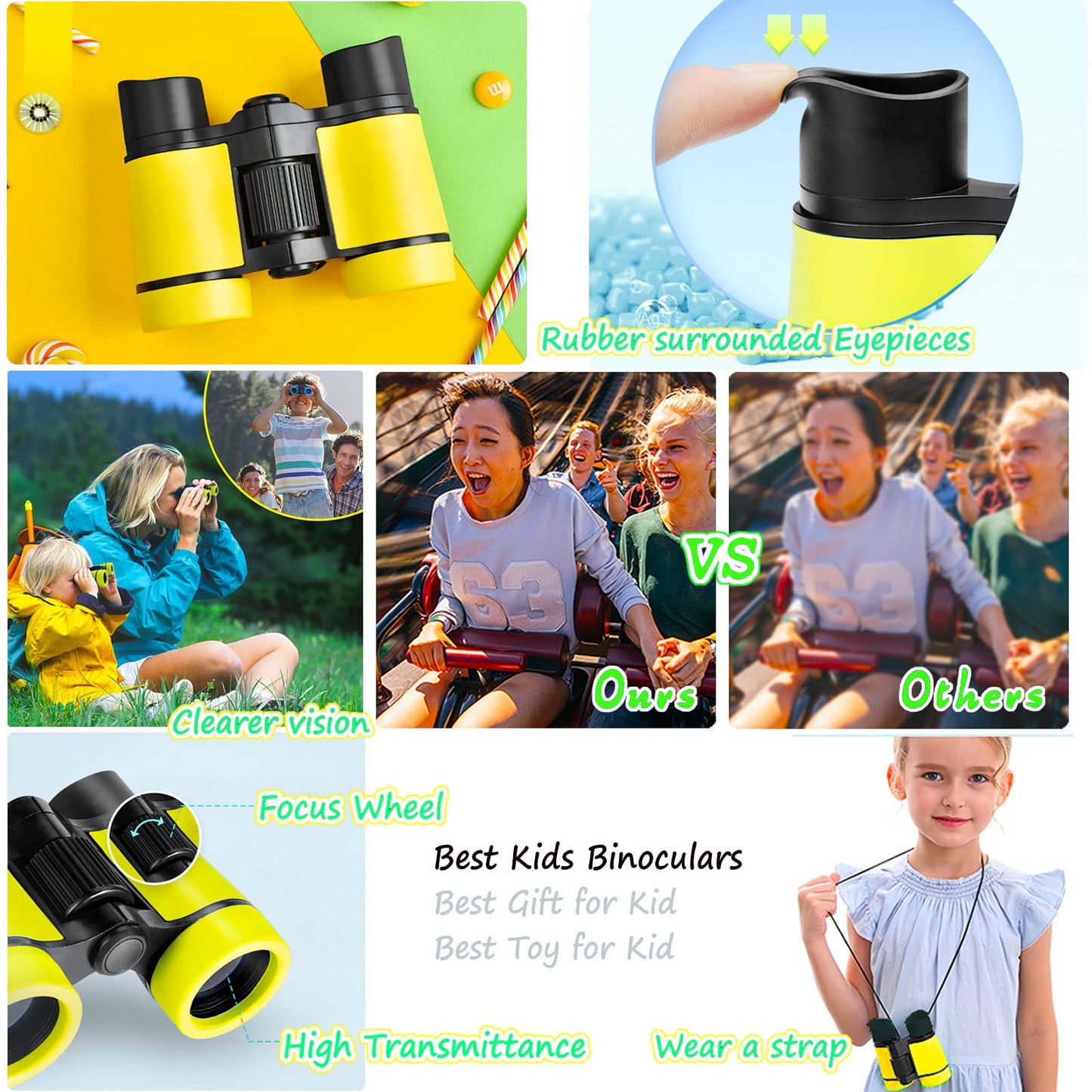 Kid Binoculars Best Gifts For 3-12 Years Boys Girls High-Resolution Optics Shockproof Mini Compact Binocuolar Toys Folding Small Telescope For Bird Watching Camping Outdoor Play (Yellow)