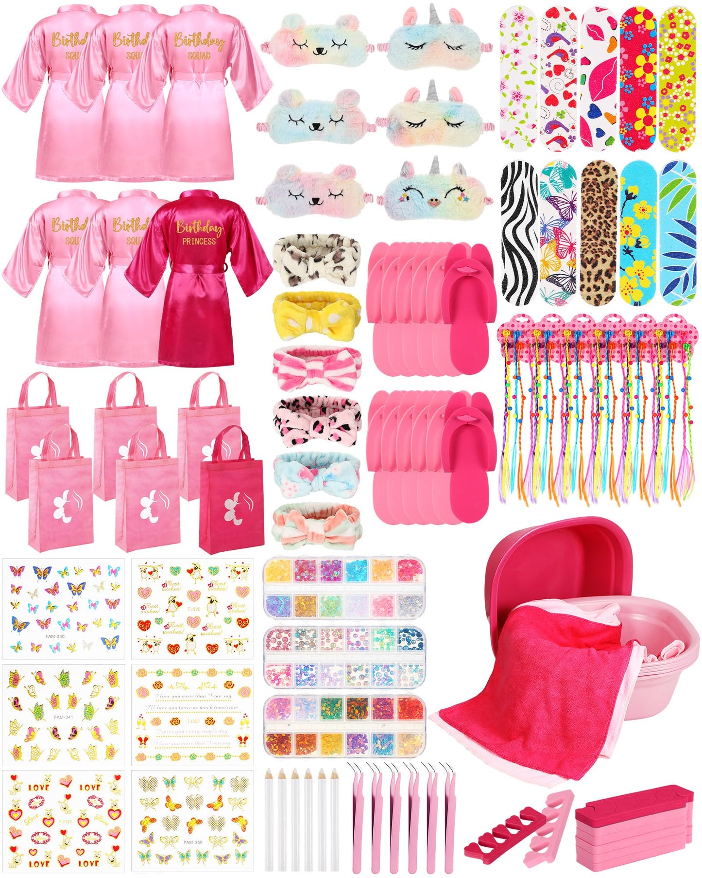 Suhine 6 Set Spa Party Supplies for Girls, Kids Satin Robes Nail Salon Kit Spa Kit Accessories for Birthday Party Favors (Elegan