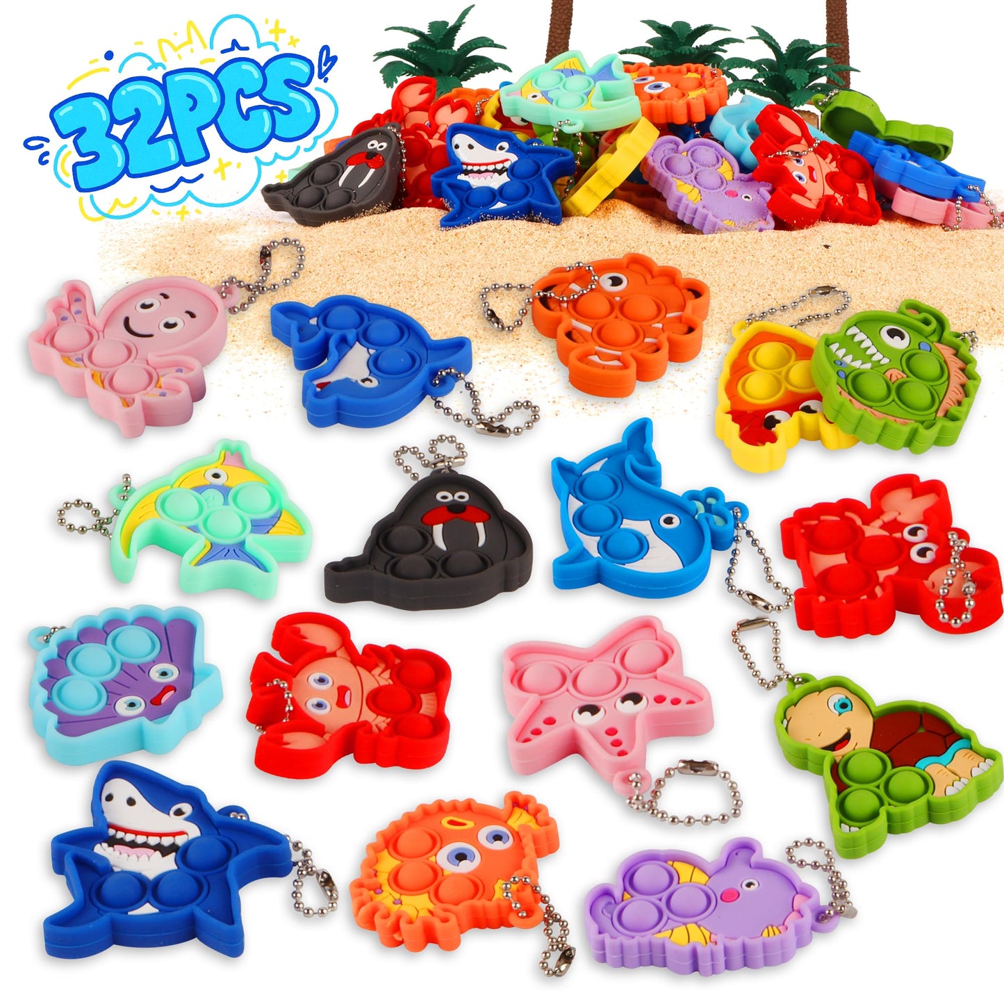 Ksmky 32PCS Sea Animal Pop Fidget Toys, Mini Pop Keychain, Valentine Exchange Gifts for Kids, Party Favors, Goodie Bags Stuffers