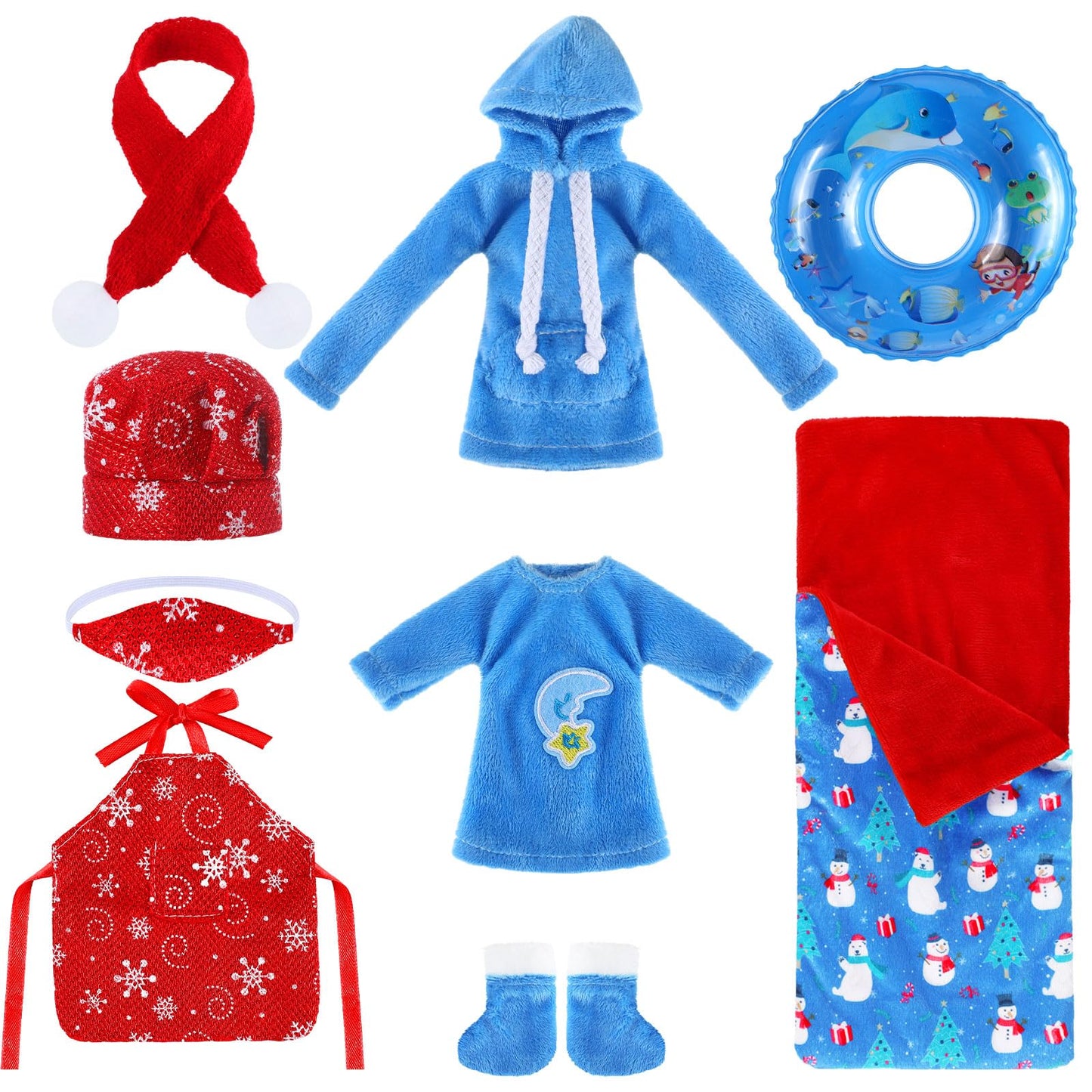 9 Pieces Christmas Elf Doll Accessories Set Include Elf Sleeping Bag Scarf Mask Shirt Hoodie Shoes Apron Chef Hat Swim Ring Fit