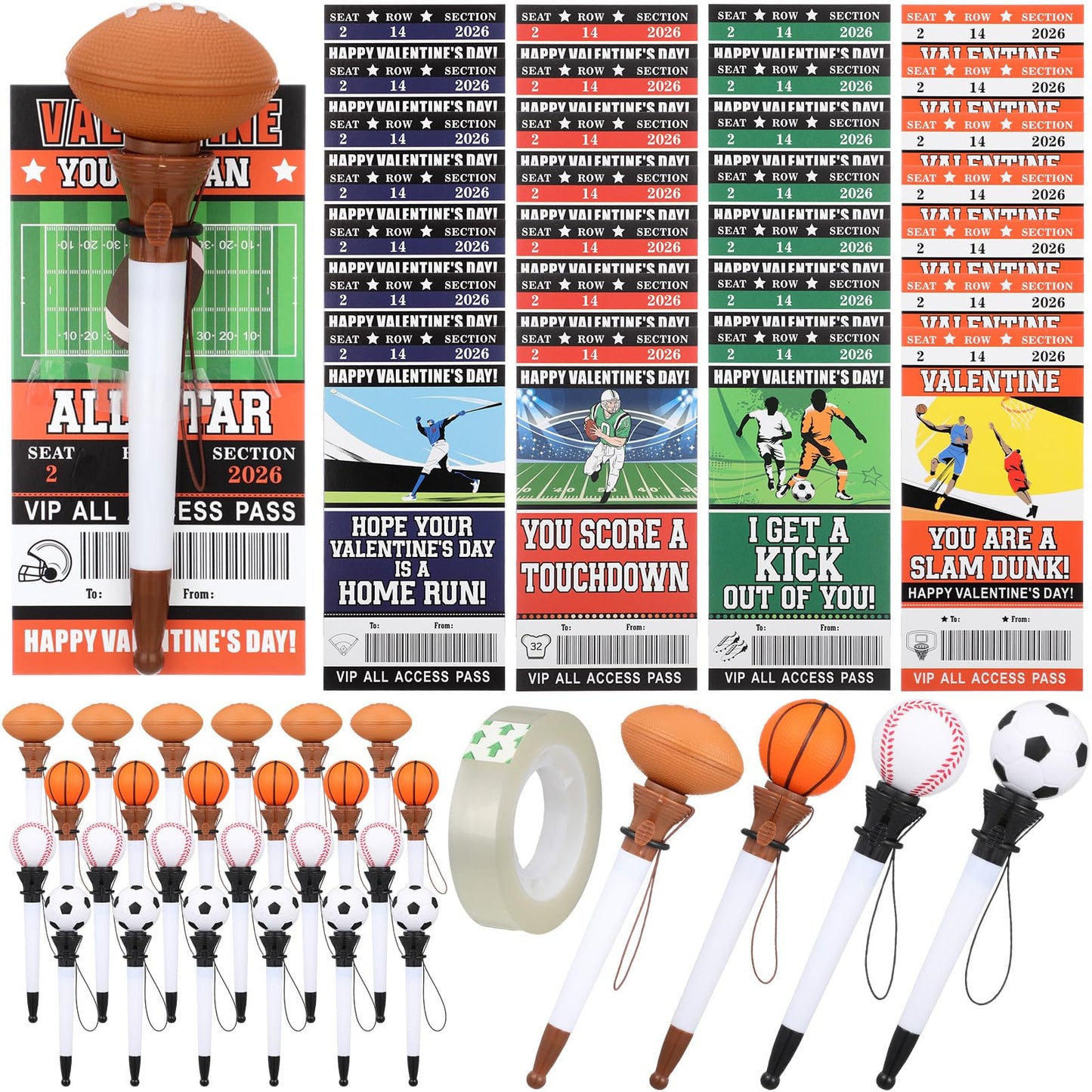Sayglossy 28 Sets 2026 Sport Valentines Gift for Kids Boys Classroom Include Sport Funny Novelty Ballpoint Bulk with Exchange Ca