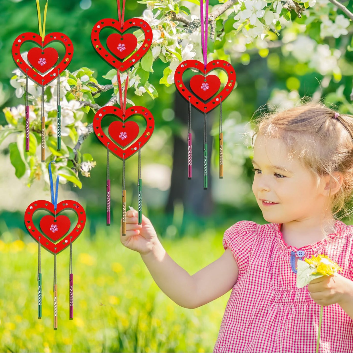 Fennoral 9 Pack Heart Wind Chime Kit For Kids Make You Own Red Heart Wind Chimes Mother'S Day Wooden Ornaments For Kids Art And