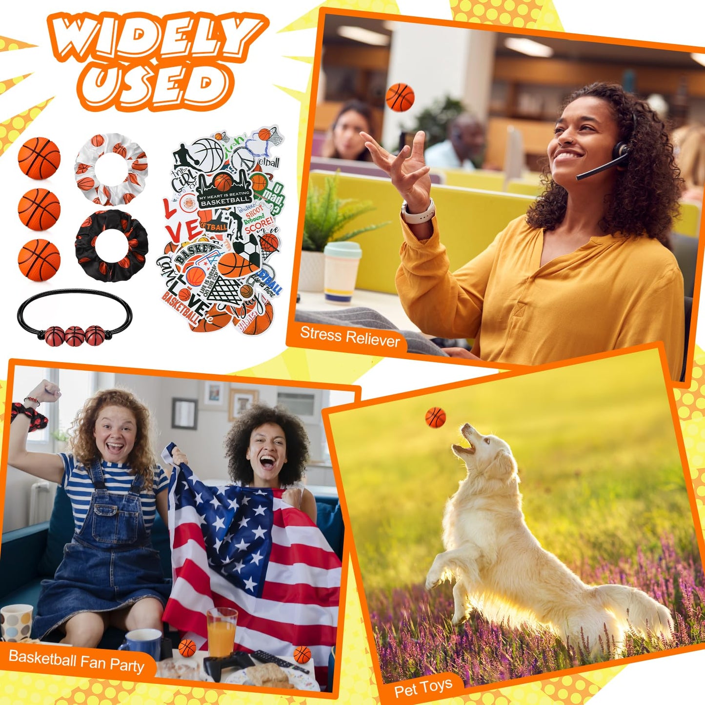 86 Pcs Basketball Party Favors, 50 Pcs Basketball Stickers, 12 Sports Stress Ball Mini Foam Ball, 12 Charm Bracelets 12 Scrunchi