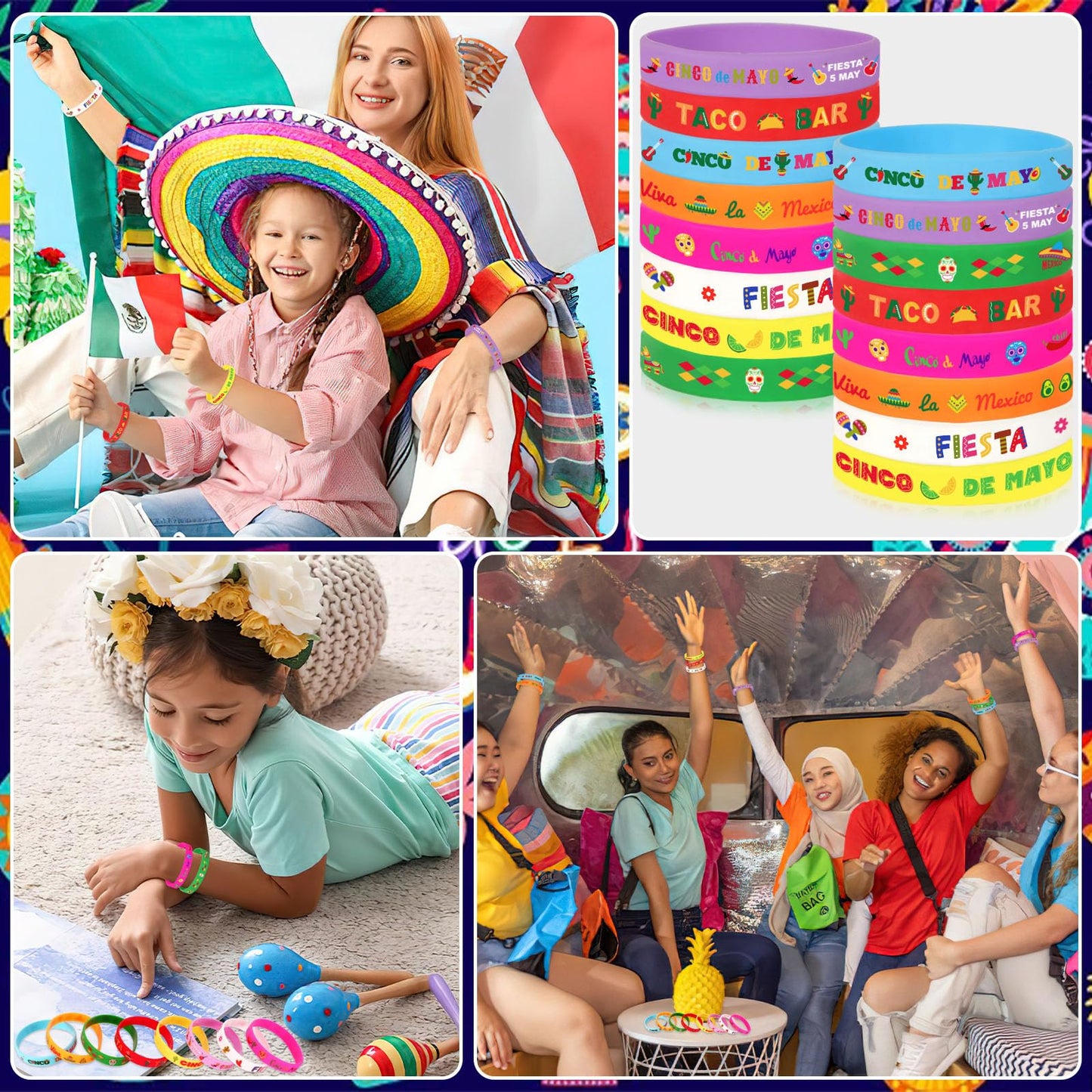 JUNEBRUSHS 24pcs Mexican Fiesta Party Favors Silicone Bracelets Cactus Guitar Hat Rubber Wristbands for Fiesta Mexican Birthday