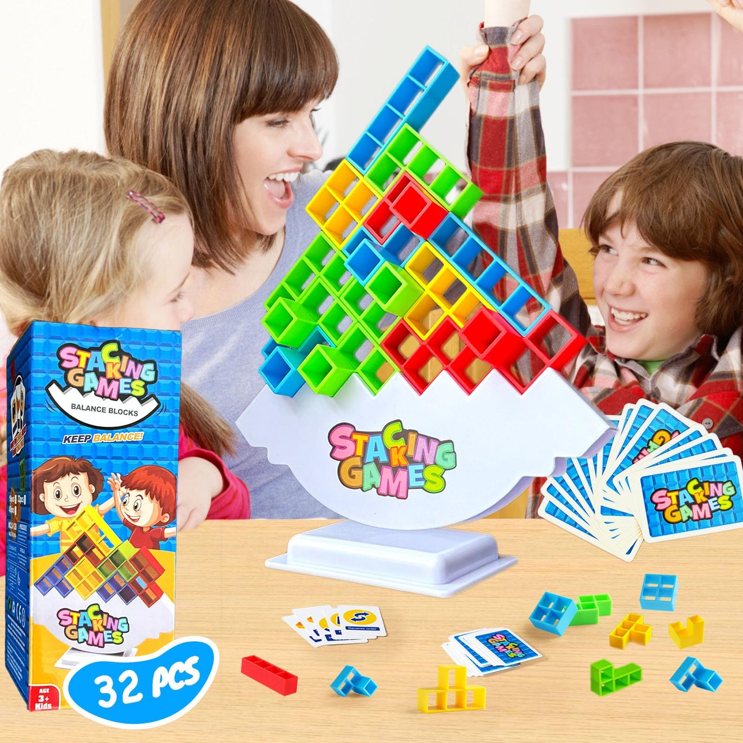 Clapet 32 Pcs Tetra Tower Stacking Game, Fun Balance Building Blocks Board Games For Kids Adults Family Party, Toys Gifts For Bo