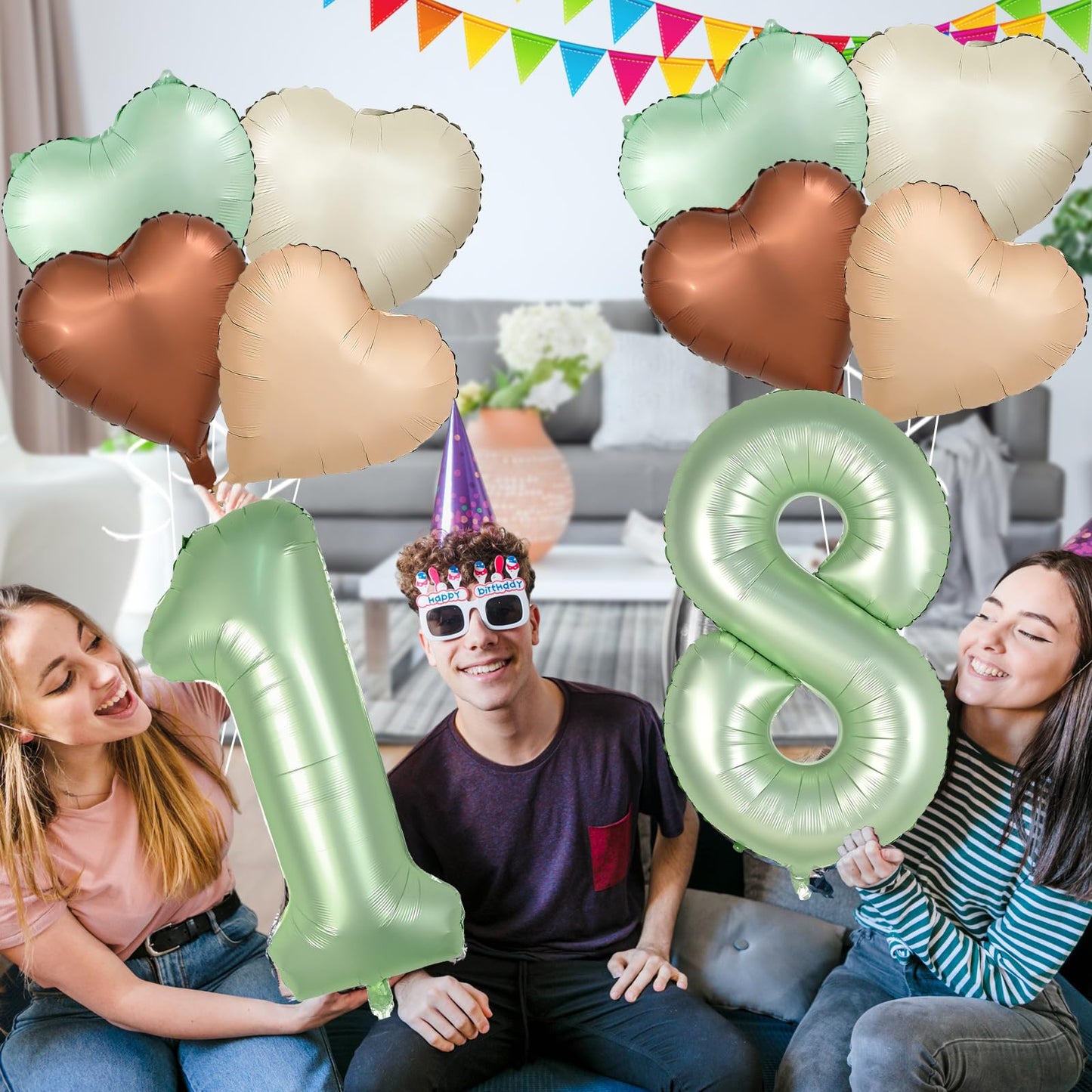 Biapian 40 Inch Sage Green Number 18 Balloons, Large Foil Number 1 & 8 Balloons With 18'' Cream Brown Heart Balloons For 18Th Ye
