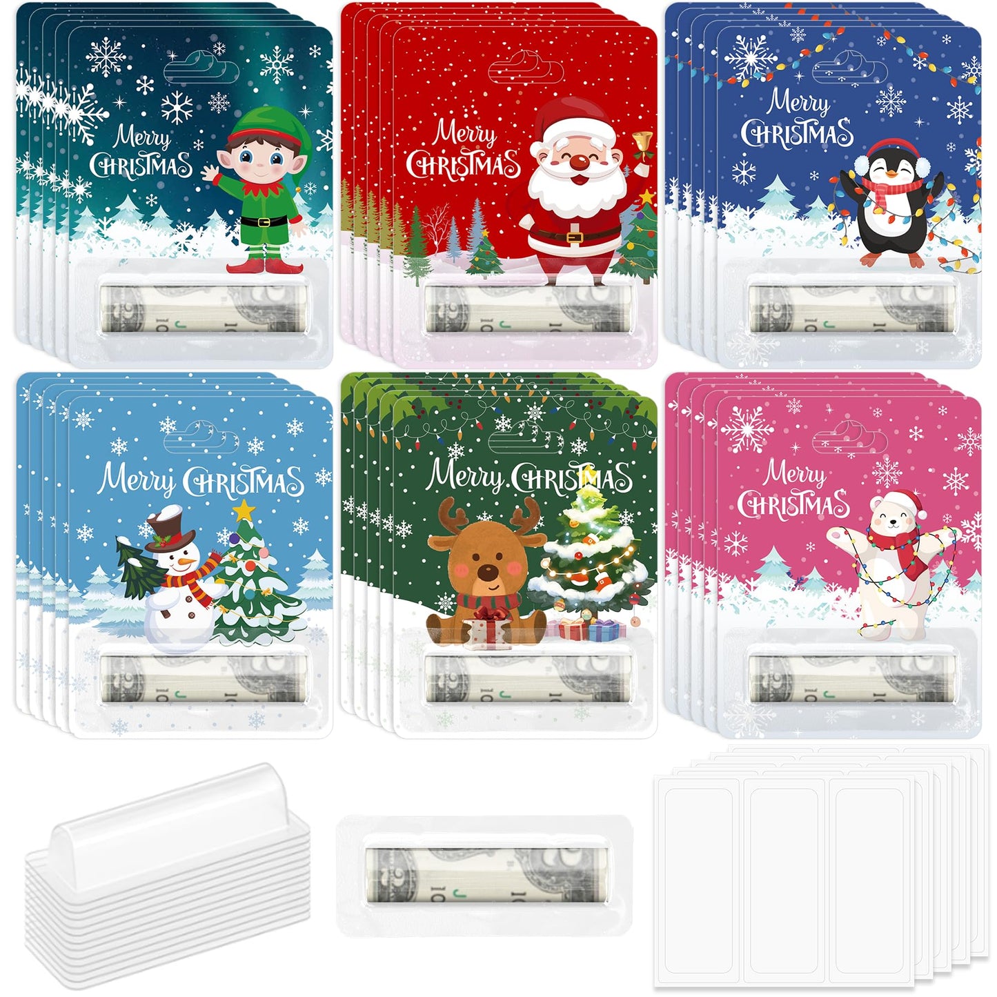 Stranthother 60 Pack Christmas Money Holders Cash Gifts Cards Ornaments Xmas With Plastic Cover Adhesive Pads Winter Holiday Par