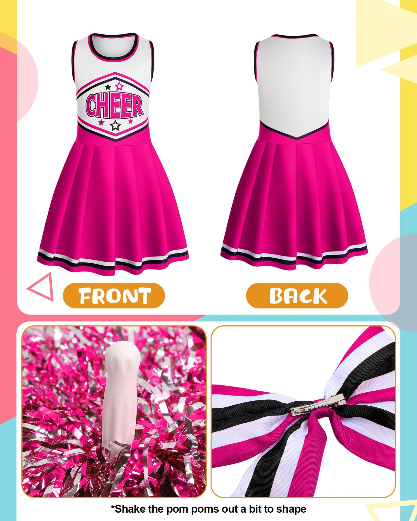 Jenpen Cheerleader Costume Cheerleading Outfit Dress Cheer Uniform With Bow Halloween Dress Up Gifts(3-5 Years,Rose Red)
