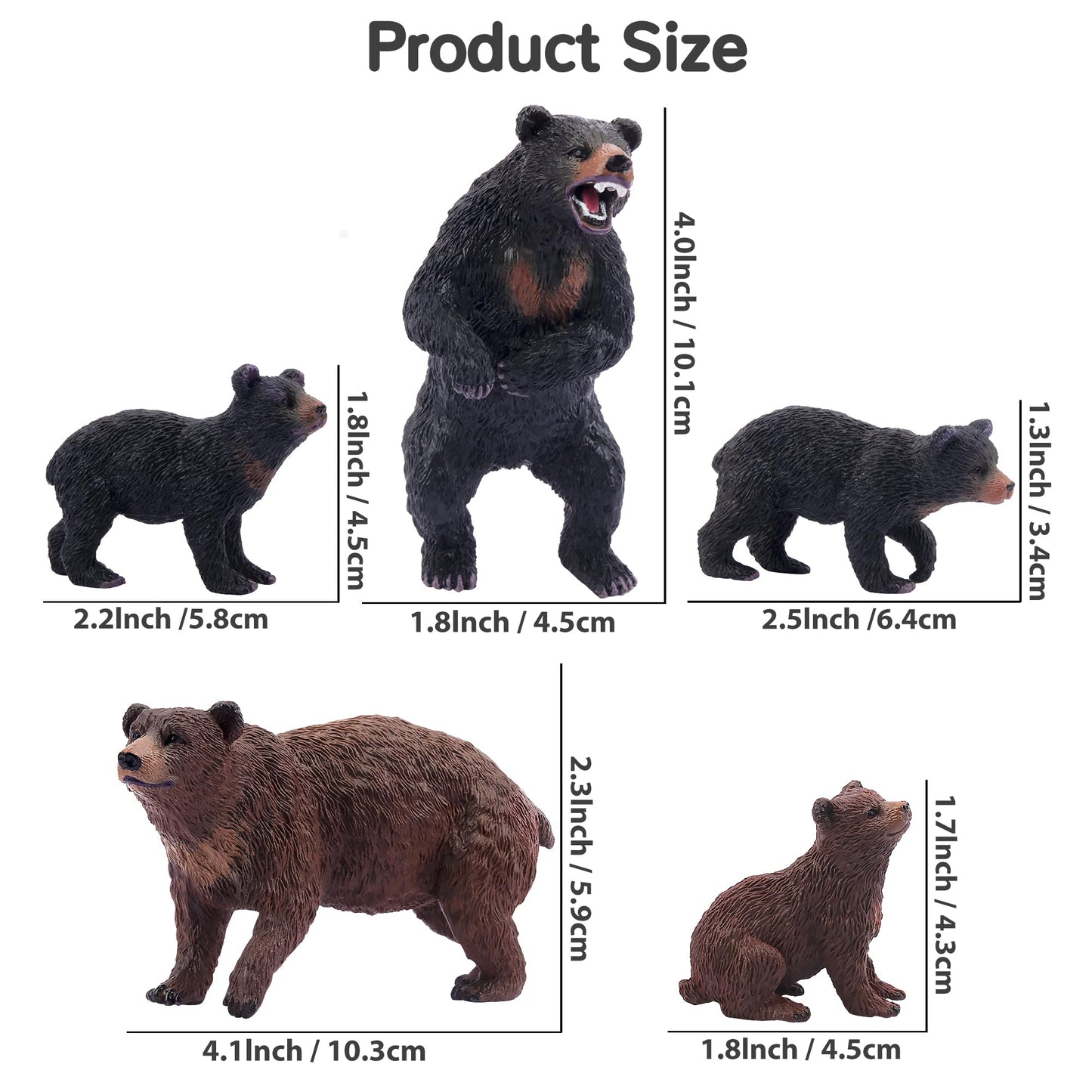 Toymany Bear Figurines Set - 6PCS Realistic Plastic Forest Animals - Brown & Black Bears, Educational Toy for Kids