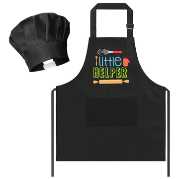 R HORSE 2Pcs Kid Apron and Chef Hat Set Adjustable Children Black Kitchen Apron Dress up Role Play Chef Toy Cooking Baking Paint