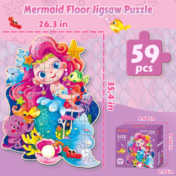 Mermaid Floor Puzzles For Kids Ages 4-6, Mermaid Toys For Girls, 59 Pieces Blue Cardboard Jumbo Jigsaw Puzzles For Toddlers, Edu