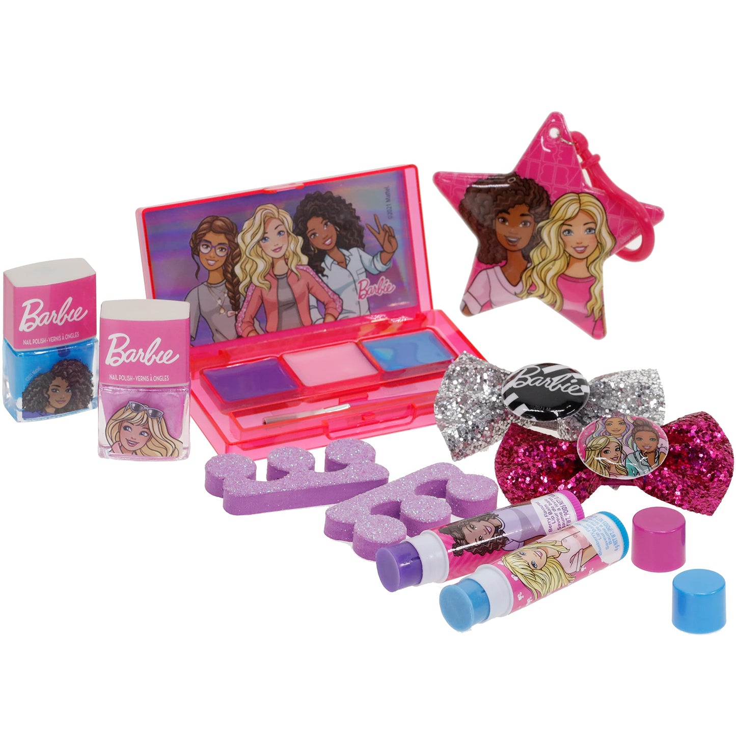 Barbie - Townley Girl Backpack Cosmetic Makeup Gift Bag Set 12 Pcs includes Lip Gloss, Nail Polish & Hair Accessories for Kids T