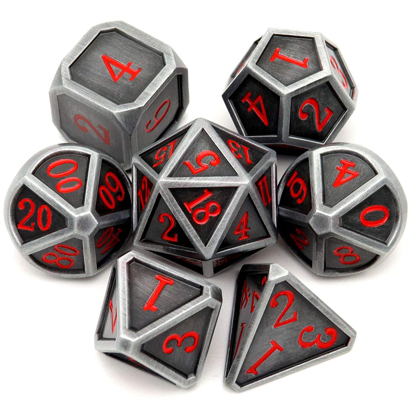 Haxtec Ancient Silver Metal DND Dice Set D&D 7PCS Large Rounded Antiue Iron RPG Dice Red Numbers for Dungeons and Dragons TTRPG