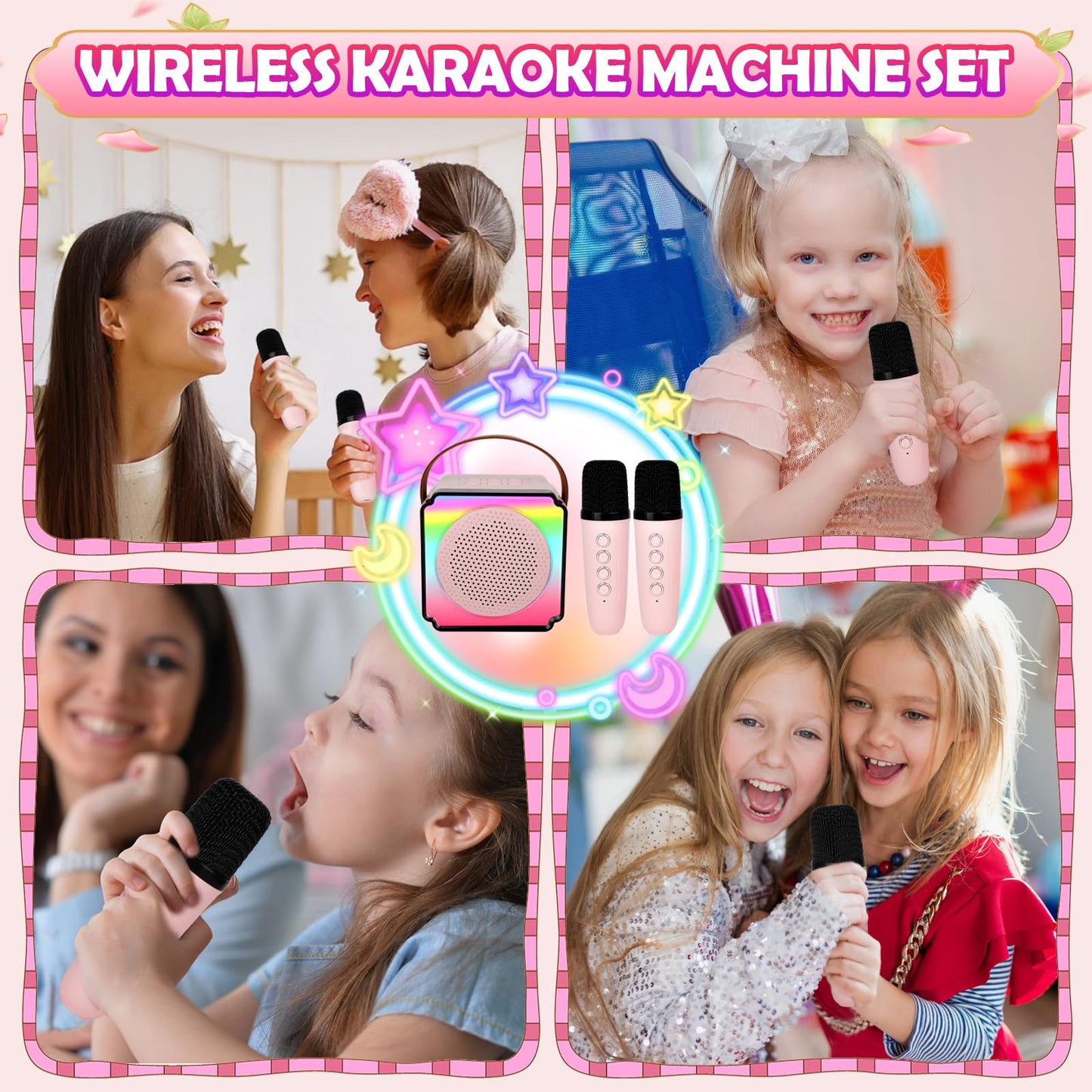 Deao Karaoke Machine For Kids Adults,Portable Bluetooth Speaker With Wireless Microphones, Fun Voice Changing Function-Toys For 5 6 7 8 9 10 Year Old Girl Boys Birthday Gifts (Pink)