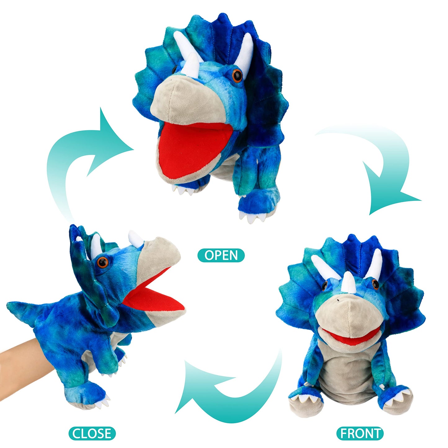 Cuteoy Plush Triceratops Hand Puppet Stuffed Animal Toy Open Movable Mouth Creative Role Play Storytelling Dinosaur Plushies Gifts For Kids Toddlers Birthday Christmas