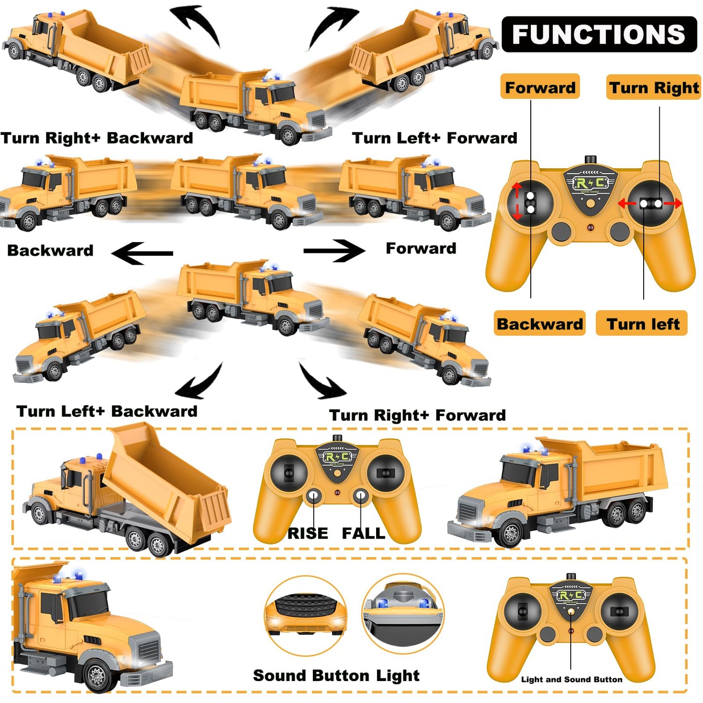 CALEST Remote Control Construction Dump Truck Toy RC Vehicle,6 Channel Truck Toys with 2 Rechargeable Batteries,1/24 Scale Dump