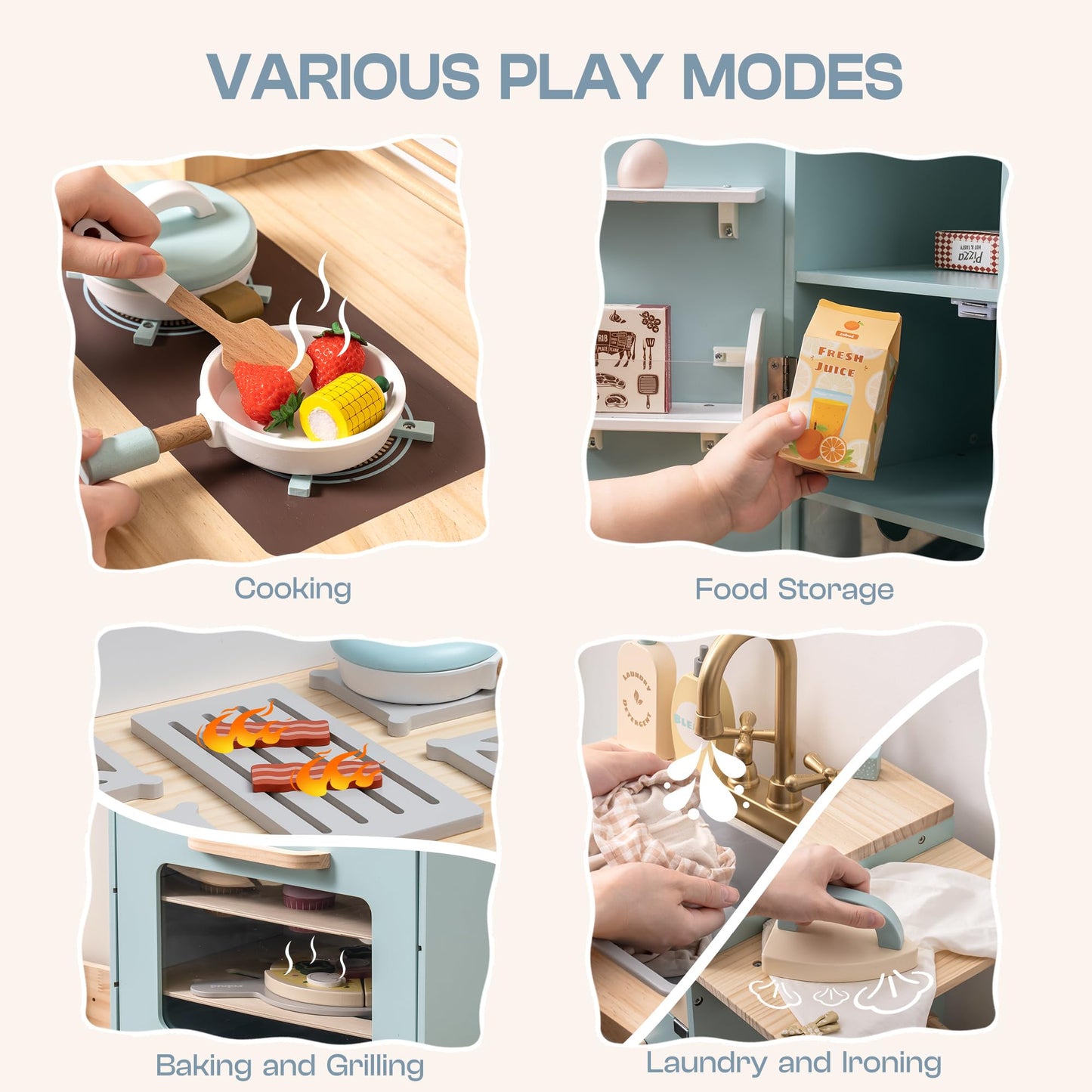 ROBUD Wooden Play Kitchen Set, Kids Toy Kitchen Set with Realistic Design, Utensils, Ice Maker, Fridge, Oven, Washer, Modern Sty