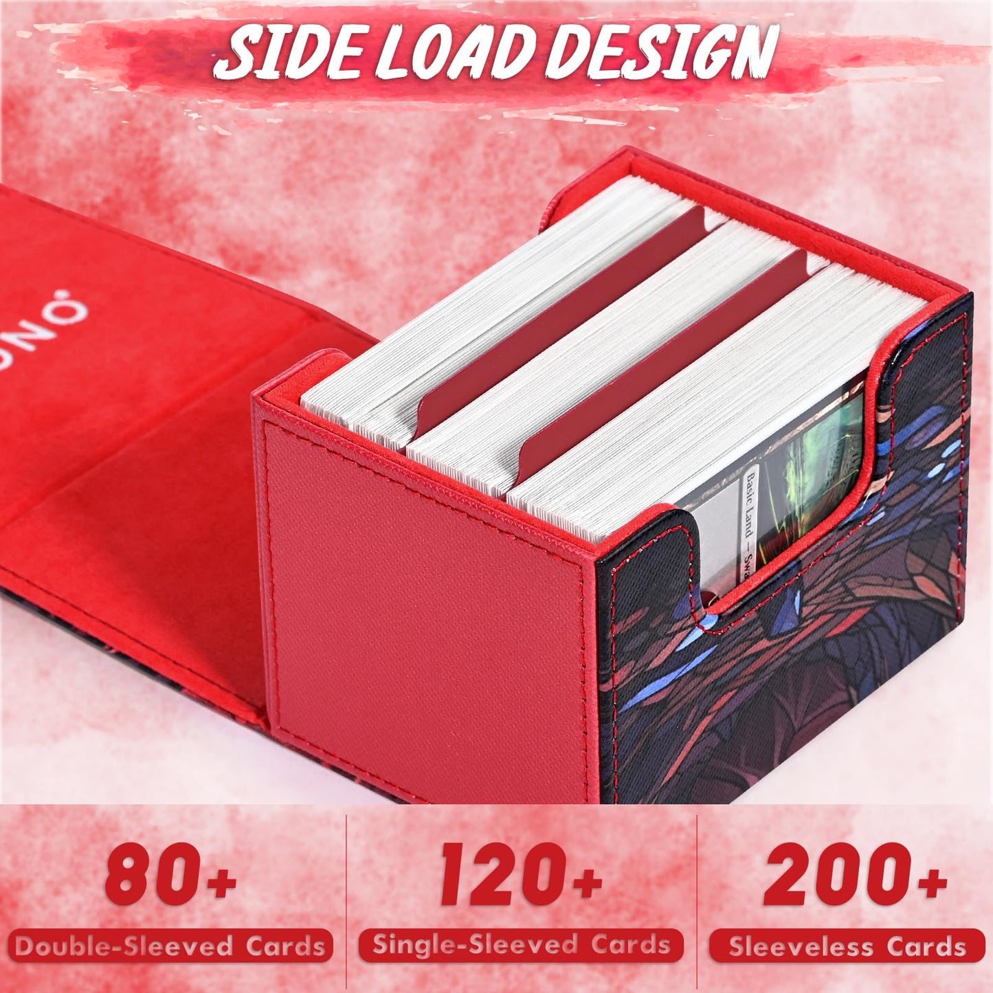 UAONO MTG Card Deck Box – Holds 120+ Sleeved Cards, Faux Leather, Red Flame, Includes 2 Dividers