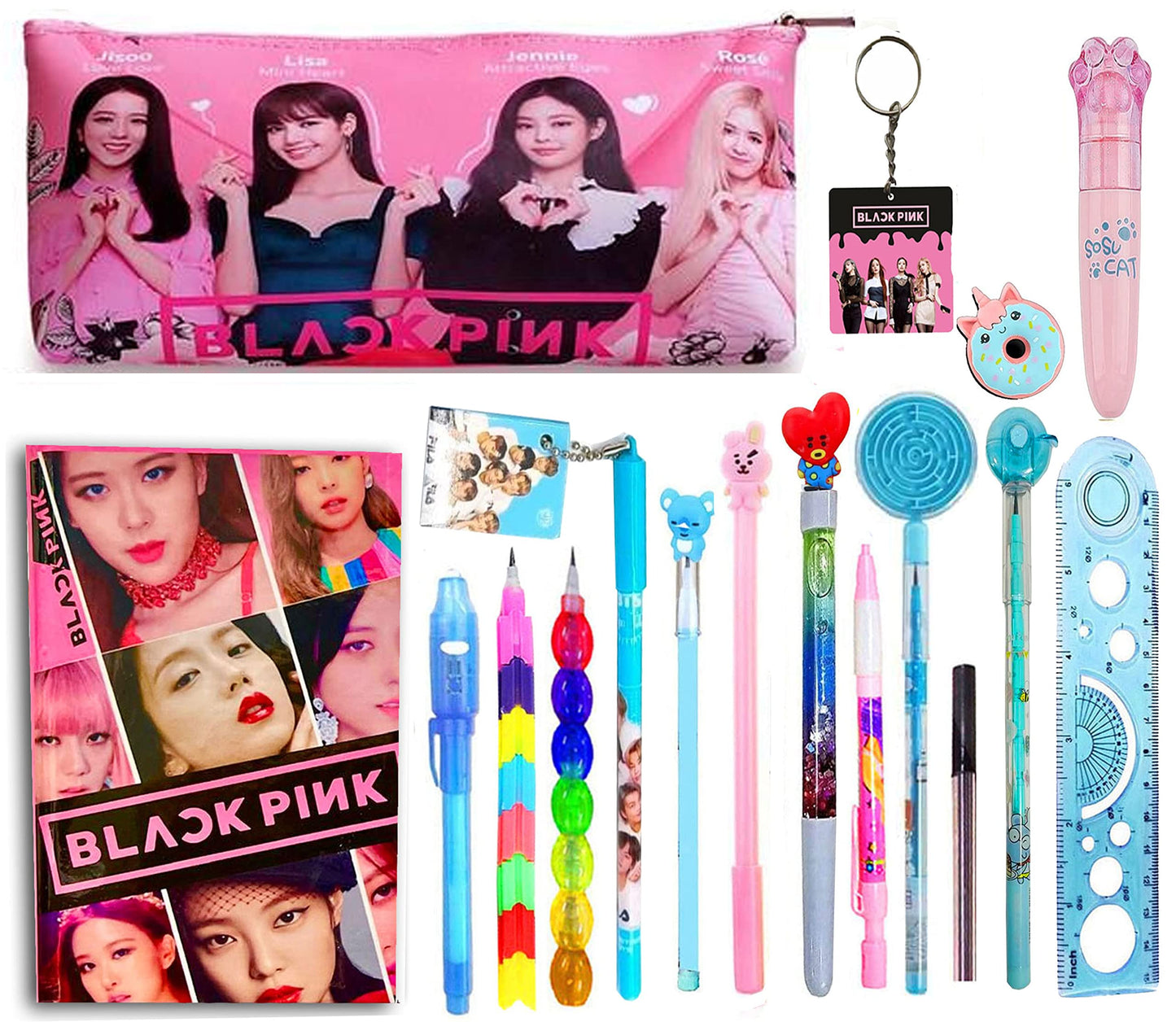 Kobbet Polyester Black Pink Stationery Set For Girls, Complete School Gift Set For Birthday, Return Gift With Pencil Pouch And A