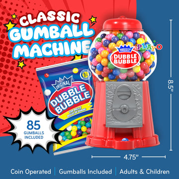 8.5' Coin Operated Gumball Machine Bank For Kids - Dubble Bubble Style Red Gum Dispenser With 45 Gumballs - Classic Candy Toy Bank