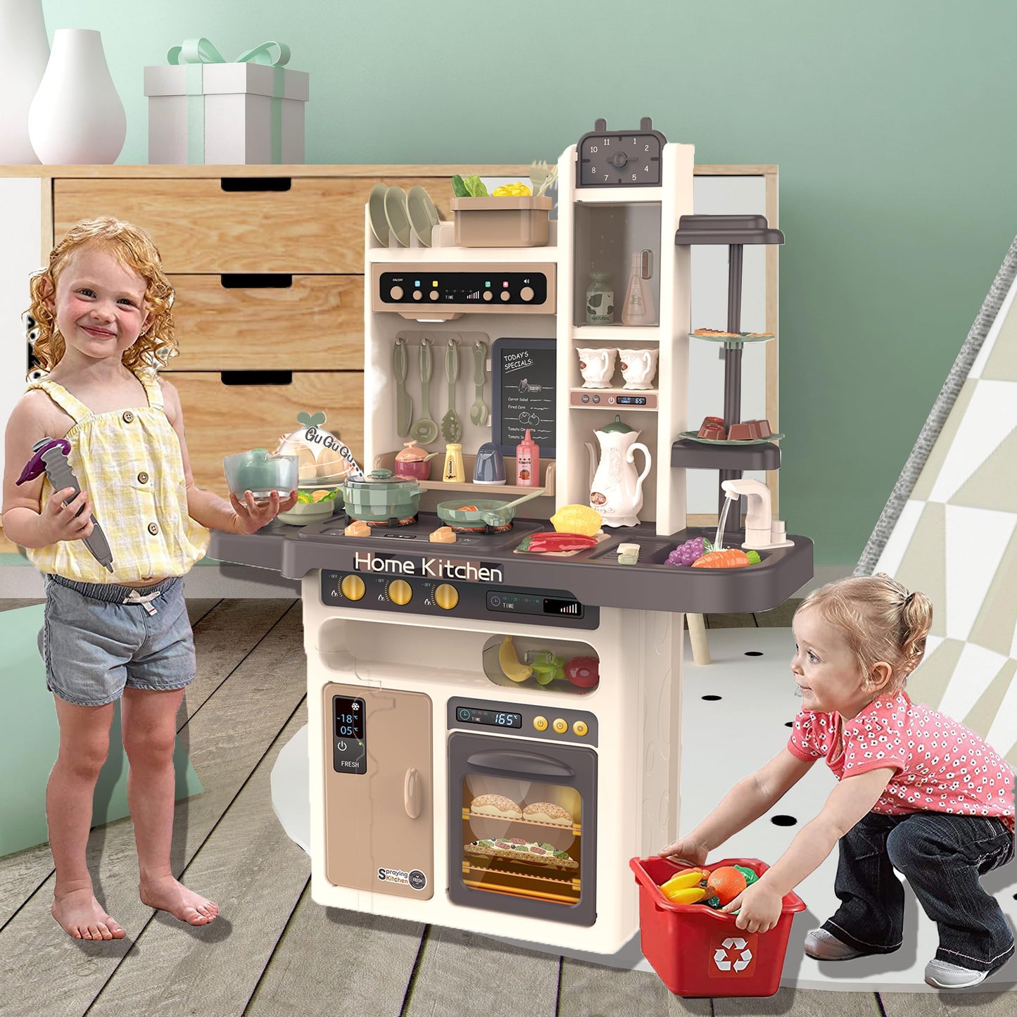 Play Kitchen - Kitchen Playset Pretend Food - Toy Accessories Set w/Real Sounds & Light, Play Sink, Cooking Stove with Steam, 65