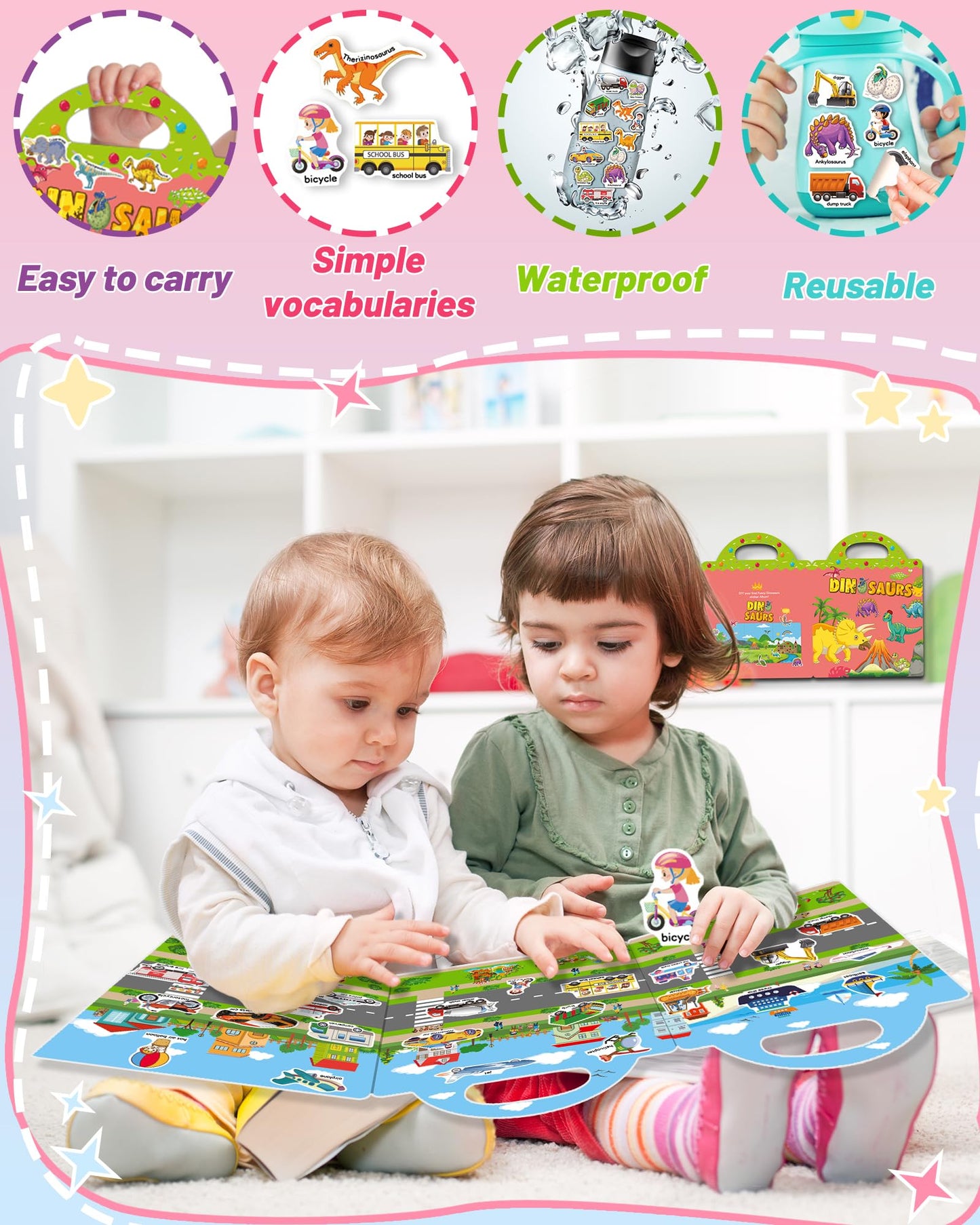 2 Pack Vehicle Dinosaur Reusable Sticker Book For Toddlers 2-4 Years, Toddler Sticker Book For Kids, Toddler Activities Crafts P